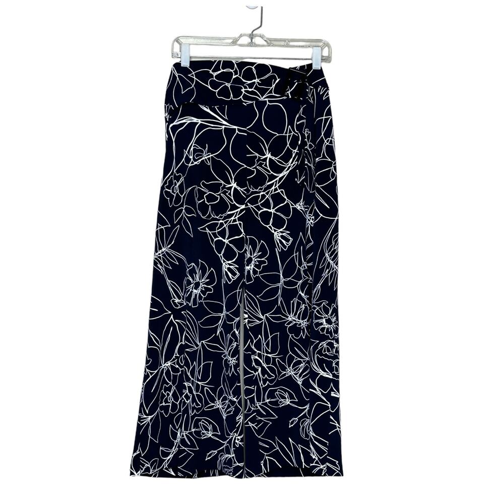 Joseph Ribkoff navy blue white floral wide legs belted crop pants size 14